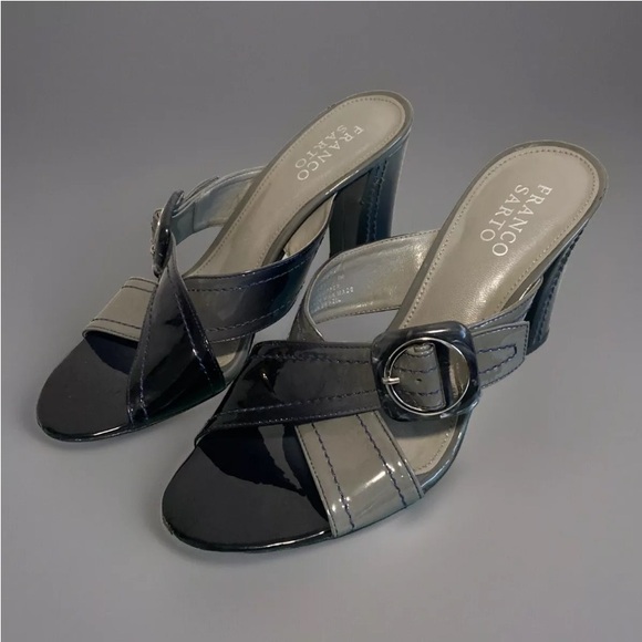 Franco Sarto Sandals Heel Open Toe Slide Sz 7M Leather Buckle Black Gray - Picture 2 of 11